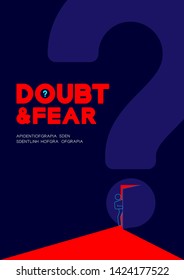 Man Pictogram Open The Question Mark Door To Dark Room, Doubt And Fear Psychology Problem Concept Poster And Banner Design Illustration Isolated On Blue Background, With Space