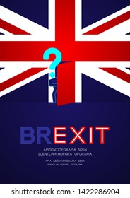 Man pictogram and question mark open the door on united kingdom flag pattern, Brexit concept design illustration isolated on blue background with space