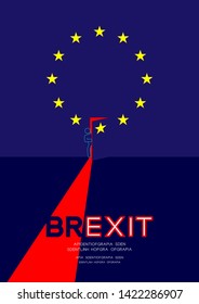 Man pictogram and question mark open the door on isometric European Union (EU) flag pattern, Brexit concept design illustration isolated on blue background with space