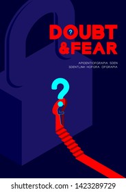 Man pictogram and question mark open the isometric Lock keyhole door to dark room, Doubt and Fear psychology privacy problem concept poster and banner design illustration on blue background