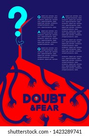 Man pictogram and question mark open the door to dark room with shadow hand, Doubt and Fear Psychology problem concept poster and banner design illustration isolated on blue background, with space