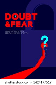 Man pictogram and question mark open the Lock keyhole door to dark room, Doubt and Fear psychology privacy problem concept poster and banner design illustration on blue background, with space