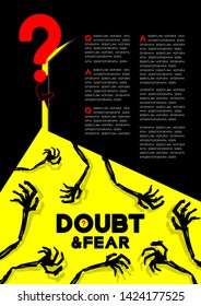 Man pictogram and question mark open the door to dark room with shadow skeleton hand, Doubt and Fear Psychology problem concept poster and banner design illustration on blue background, with space