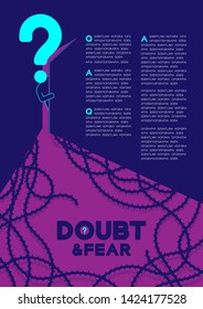 Man pictogram and question mark open the door to dark room with shadow thorn vine, Doubt and Fear Psychology problem concept poster and banner design illustration on blue background, with space