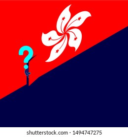 Man pictogram and question mark open the door on isometric Hong Kong flag pattern, Protest extradition legal problem concept poster and social banner post design illustration on blue background