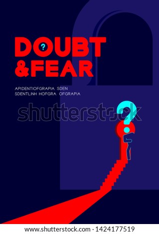 Man pictogram and question mark open the Lock keyhole door to dark room, Doubt and Fear psychology privacy problem concept poster and banner design illustration on blue background, with space