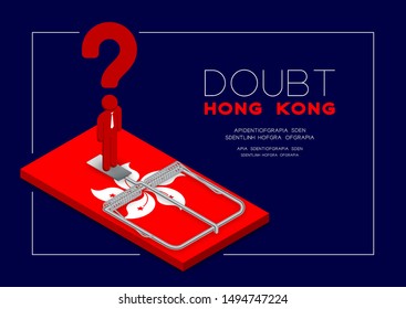 Man pictogram and question mark standing on isometric Mousetrap Hong Kong flag, Protest extradition legal problem poster and social banner post design illustration isolated on blue background, vector