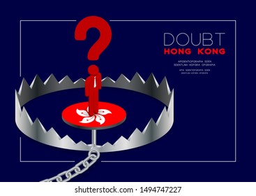 Man pictogram and question mark standing on isometric Trap Hong Kong flag, Protest extradition legal problem poster and social banner post design illustration isolated on blue background, vector eps