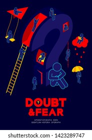Man pictogram sitting with isometric question mark, people leisure and relaxing activities, Doubt and Fear Psychology social problem concept poster and banner design illustration on blue background
