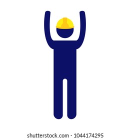 Man pictogram in yellow helmet on white background raising his hands