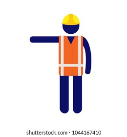 Man pictogram in yellow helmet and orange vest on white background giving signals