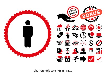 Man pictograph with bonus symbols. Vector illustration style is flat iconic bicolor symbols, intensive red and black colors, white background.