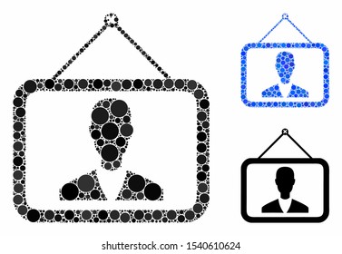 Man picture composition of filled circles in variable sizes and color tones, based on man picture icon. Vector filled circles are grouped into blue mosaic.