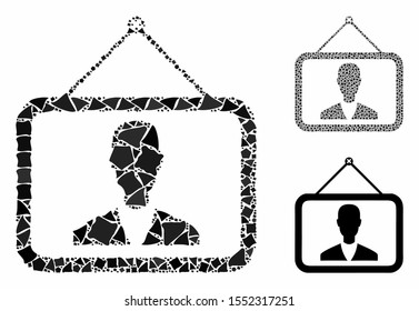 Man picture composition of rough pieces in various sizes and color tints, based on man picture icon. Vector irregular pieces are grouped into composition.