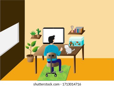 The man in the picture is using a computer in his home. To search for information about his work through the internet. concept searching information and work from home