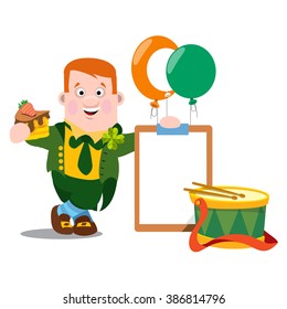 A man with a piece of cake in a green suit. The festive character in cartoon style. Congratulations to the St. Patrick's Day.