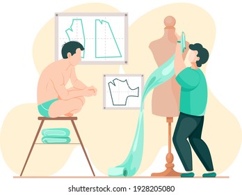 Man with piece of cloth planning model of future garment. Professional tailoring studio. Sewing clothes. Tailor measuring pattern. Guy in underwear sits on stool and looks at clothes on mannequin