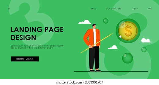 Man piercing bubble with coin flat vector illustration. Happy male person holding needle. Bankruptcy, finance, recession concept for banner, website design or landing web page