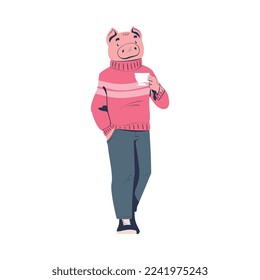 Man Pig Character Wearing Pink Sweater and Trousers Walking with Cup Vector Illustration