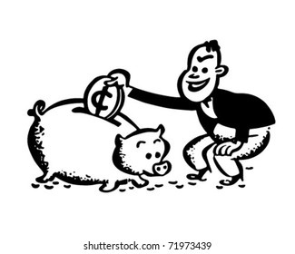 Man With Piggy Bank - Retro Ad Art Illustration