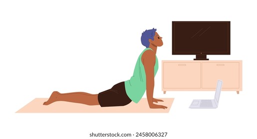 Man pilates trainer cartoon character streaming training workout lesson online using laptop