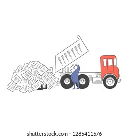 A man is piled up with papers from the dump truck.