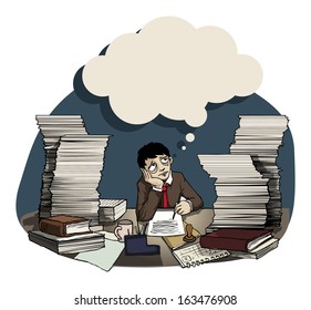 Man with piles of work, tired, late at night, vector illustration