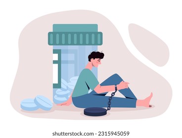 Man with pill addiction concept. Young guy near jar of medicines, painkillers and antidepressants. Sad patient with medications with drug addiction. Cartoon flat vector illustration