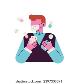 Man with pills in his hands. Vector illustration in flat style.