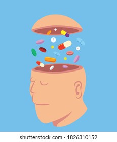 Man with a lot of pills in his open head, idea concept cartoon isolated on blue background vector illustration