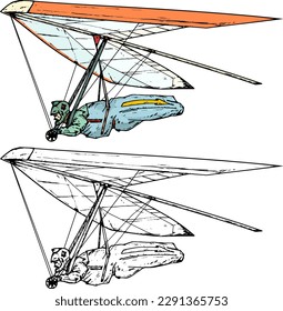 Man pilot a hang glider, isolated against white. Hand drawn vector illustration.