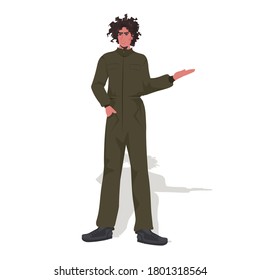 man pilot in uniform pointing hand on something aviation concept full length vector illustration