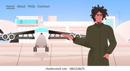 man pilot in uniform standing near plane airport terminal aviation concept portrait horizontal copy space vector illustration