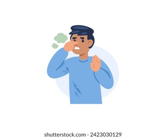 A man pinches and covers his nose because he smells an unpleasant smell. uncomfortable and disturbed by unpleasant odors. air pollution and environmental pollution. cartoon illustration design