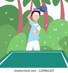 man ping pong player sostiene raqueta paisaje de la palma fondo masculino actividad deportiva personaje de dibujos animados de longitud completa ilustración vectorial plana