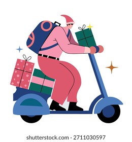 A man in a pink jacket is riding a blue scooter with a backpack and a bunch of presents