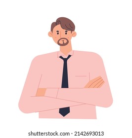 A man in a pink shirt is standing with his arms crossed. flat design style vector illustration.