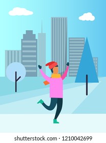 Man in pink sweater, red Santa hat, in warm mittens and cosy boots enjoys snowfall vector illustration poster on cityscape background with skyscrapers