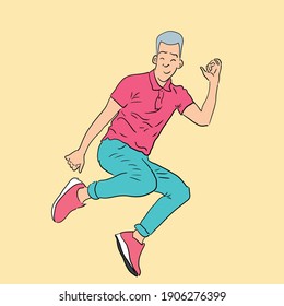 Man in pink t-shirt and turquoise pants dancing