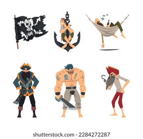 Man Pirate or Buccaneer Character as Marine Robber Vector Set