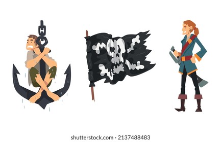 Man Pirate or Buccaneer Character Standing with Sword and Sitting on Anchor Vector Set