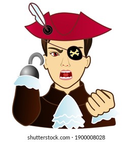 man pirate captain with a prosthetic hook in place of missing arm wearing an eye patch, buccaneer in a cocked hat with feather, vector emoji