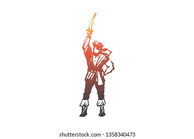 Man, pirate, costume, captain concept. Hand drawn man in costume of pirate concept sketch. Isolated vector illustration.