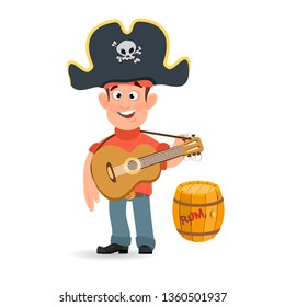 A man in a pirate costume with a guitar. Vector illustration isolated on white background for pirate party, games and much more.