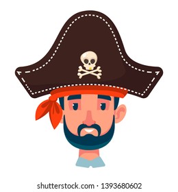 A man in a pirate hat with a skull symbol on it. Vector illustration in cartoon flat style.