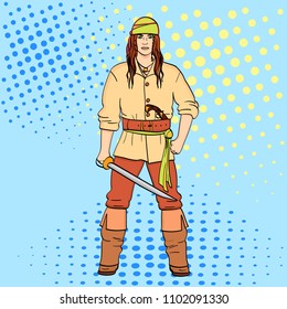A man is a pirate, a sailor. Vector illustration, pop art background. Imitation comic style.
