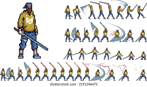 Man pixel art sprite sheet animation character cartoon animate frame by frame vector game ready to use walk run attack defense idle