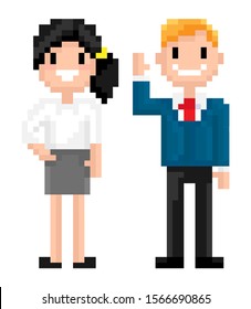 Man pixelated graphics of 8 bit game isolated character of pixel game, mosaic representation, Evropean personages, friends spending time together, for business or education games