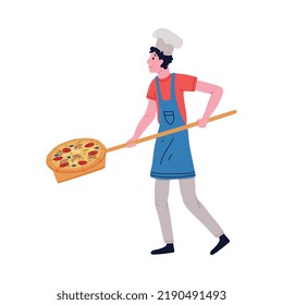 Man Pizzaiolo in Toque Carrying Pizza on Wooden Shovel Vector Illustration