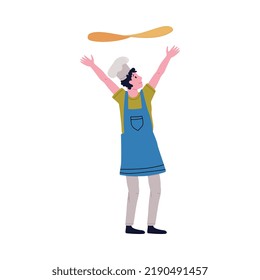 Man Pizzaiolo in Toque Throwing Dough in the Air Cooking Pizza Vector Illustration